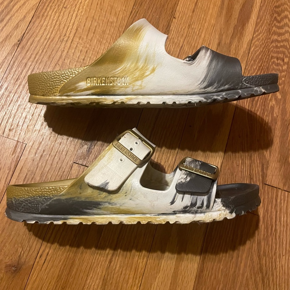 Birkenstock White, Silver Gray and Gold Buckle Sandals - Picture 3 of 7